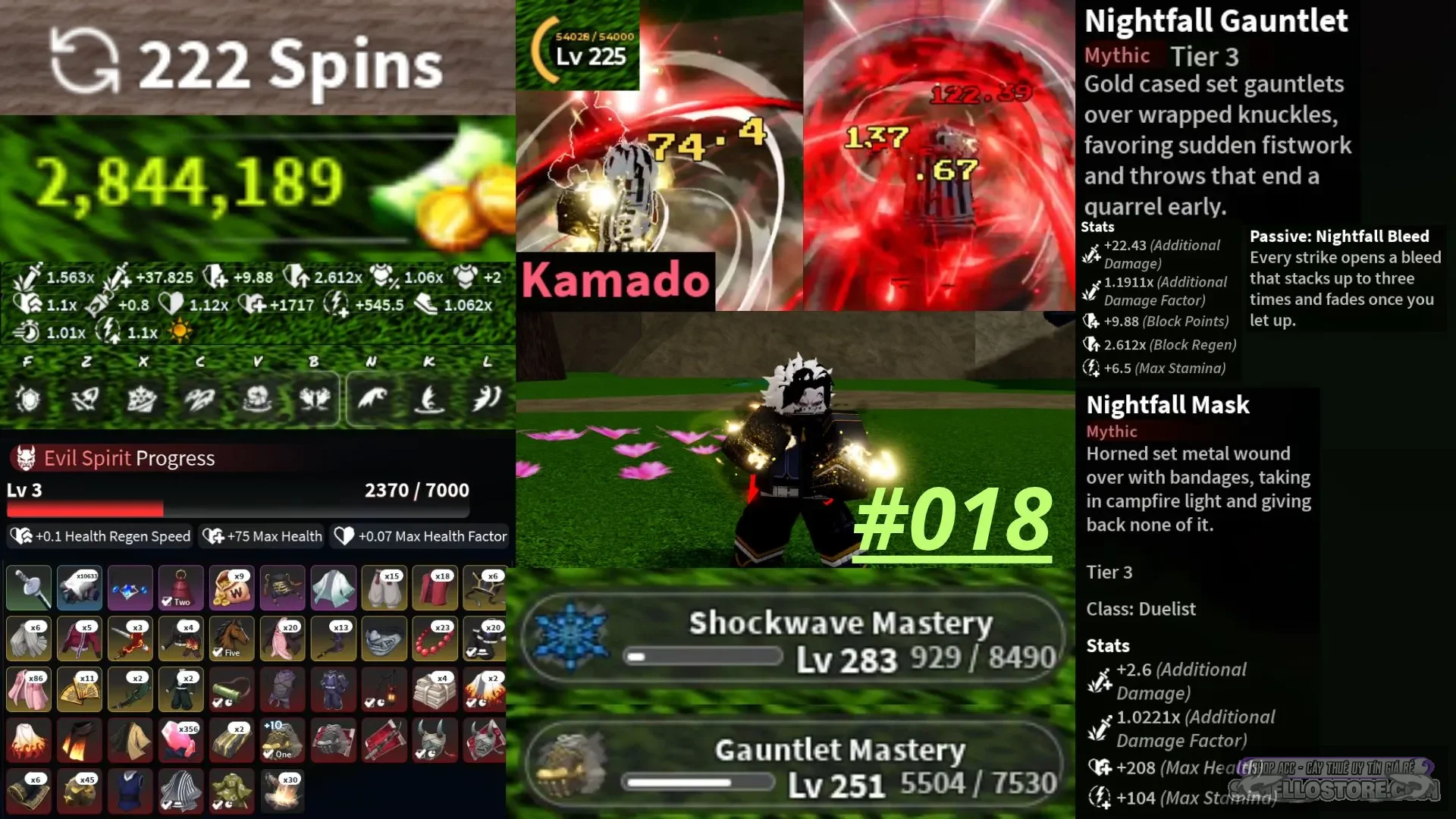 |Mã : #018
|Main: Huyết Quỷ Phá Hoại Sát (Akaza)
|Clan: Kamado (Supreme)
|Vũ khí:  Nightfall Gauntlet Tier Tier 3 +10
|Trang bị: Nightfall Mask Tier 3
|Dmg M1: 74 Dmg
|Tiền: 2m8 wen
|Thông Tin TK: Trắng Thông Tin, 18+, Log Quốc Tế
|Rank : Chơi Được