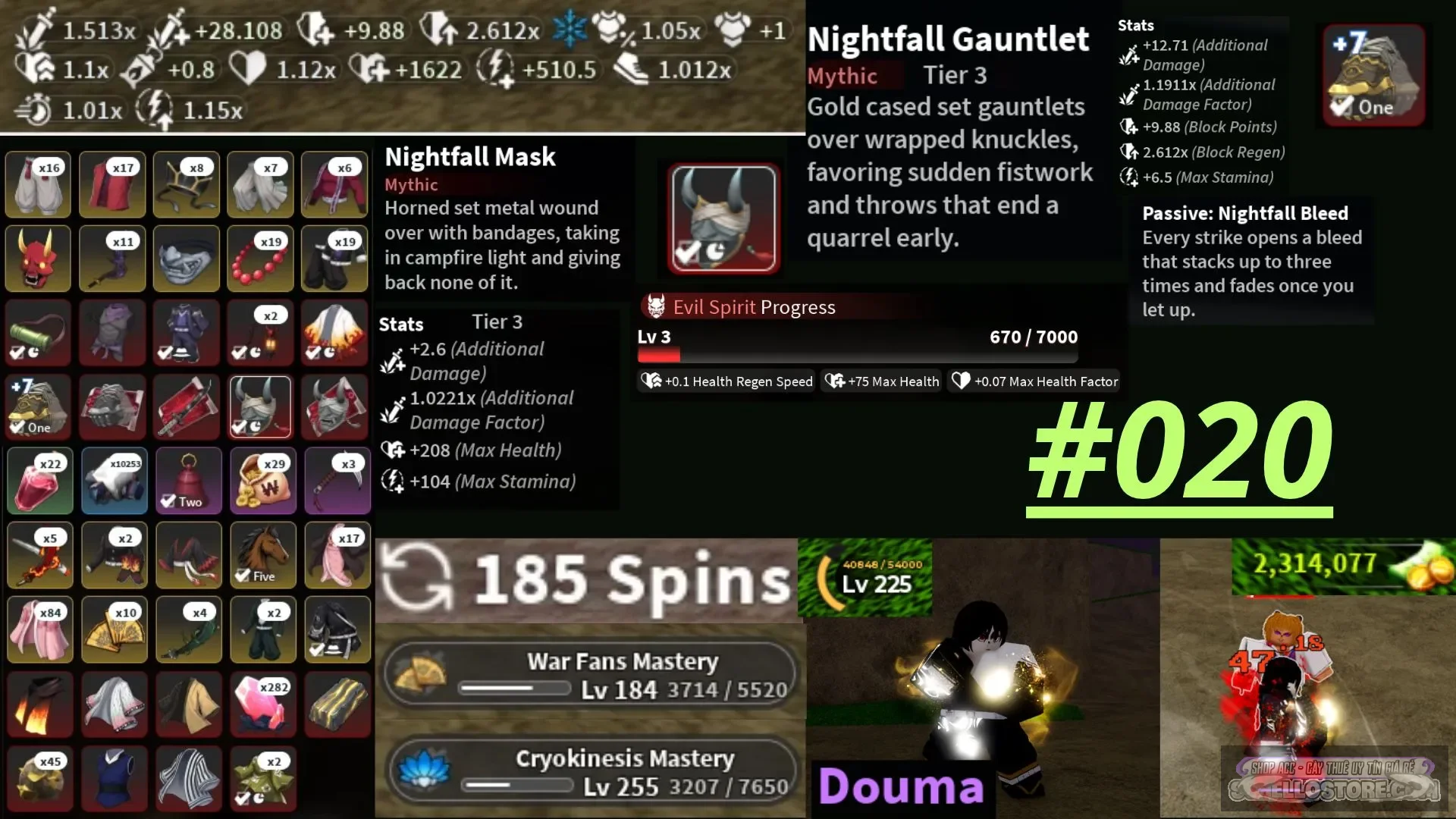 |Mã : #020
|Main: Huyết Quỷ Băng (Douma)
|Clan: Douma (Mythical)
|Vũ khí:  Nightfall Gauntlet Tier Tier 3 +7
|Trang bị: Nightfall Mask Tier 3
|Dmg M1: 47 Dmg
|Tiền: 2m3 wen
|Thông Tin TK: Trắng Thông Tin, 18+, Log Quốc Tế
|Rank : Chơi Được