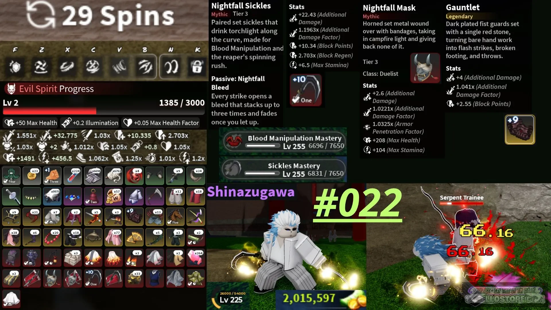 |Mã : #022
|Main: Huyết Quỷ Máu (Gyutarou)
|Clan: Shinazugawa (Mthical)
|Vũ khí:  Nightfall Sickles Tier Tier 3 +10, Gauntlet +9
|Trang bị: Nightfall Mask Tier 3
|Dmg M1: 66 Dmg
|Tiền: 2m wen
|Thông Tin TK: Trắng Thông Tin, 18+, Log Quốc Tế
|Rank : Chơi Được
