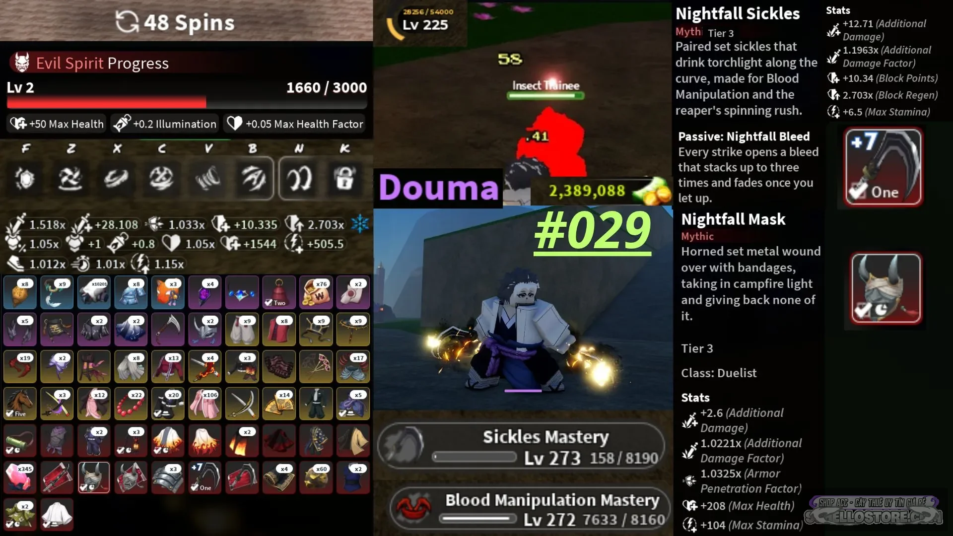 |Mã : #029
|Main: Huyết Quỷ Máu (Gyutarou)
|Clan: Douma (Mthical)
|Vũ khí:  Nightfall Sicklet Tier 3 +7
|Trang bị: Nightfall Mask Tier 3
|Dmg M1: 58 Dmg
|Tiền: 2.3m wen
|Thông Tin TK: Trắng Thông Tin, 18+, Log Quốc Tế
|Rank : Chơi Được